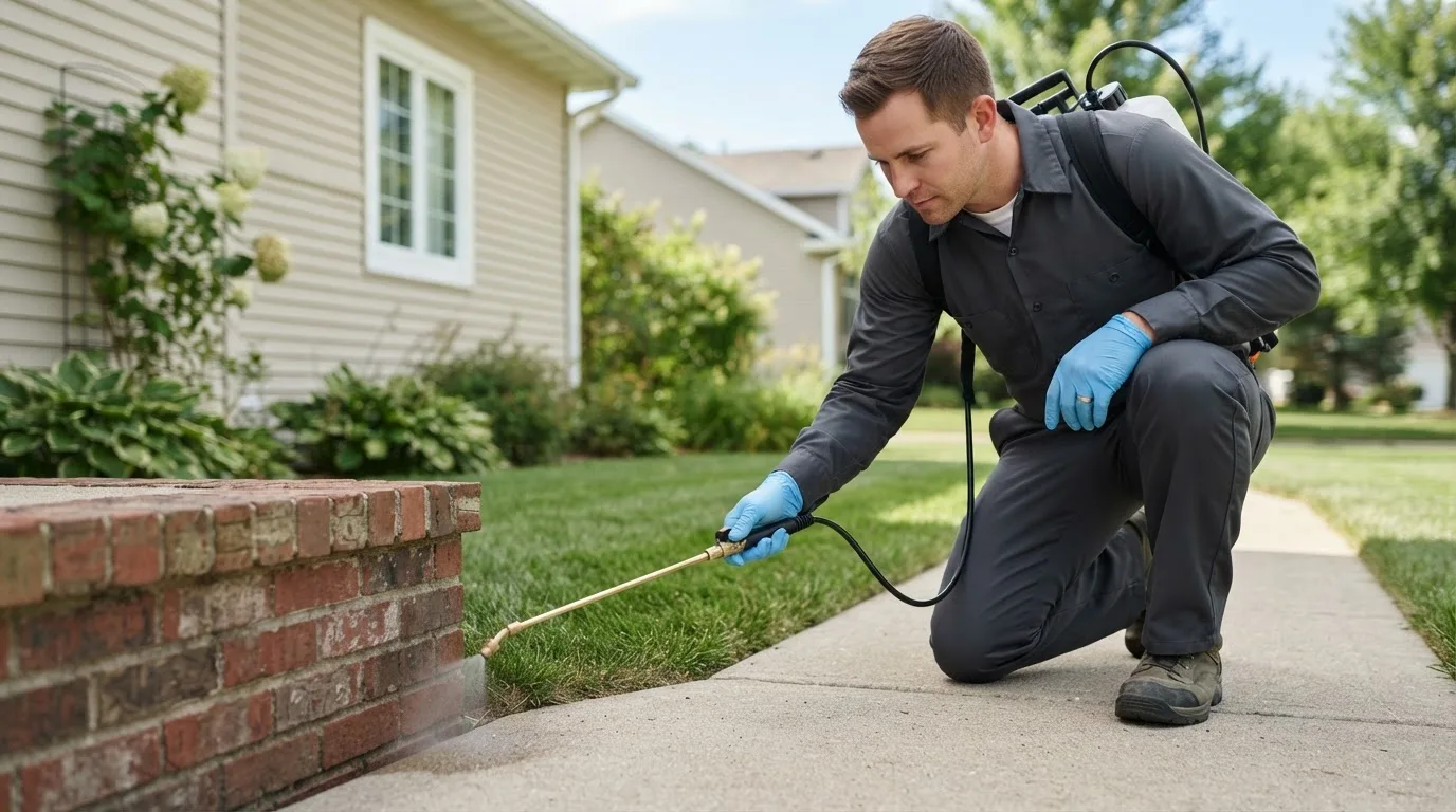 Pest control technician treating a home near Velpen, IN
