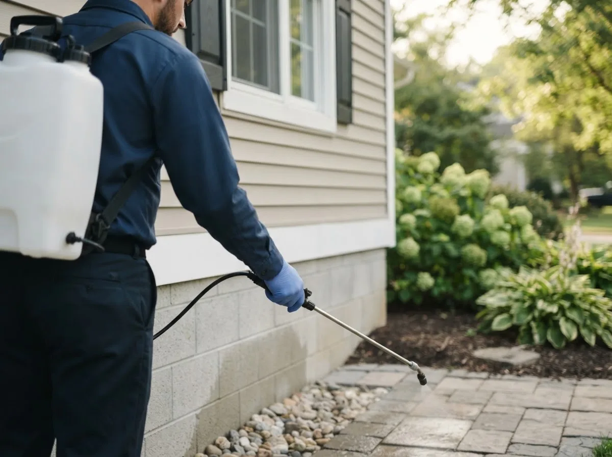 Pest control technician inspecting a home in Velpen, IN